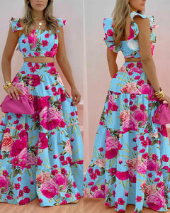 No Worry Floral Print Ruffled Shirred 2 Piece Set