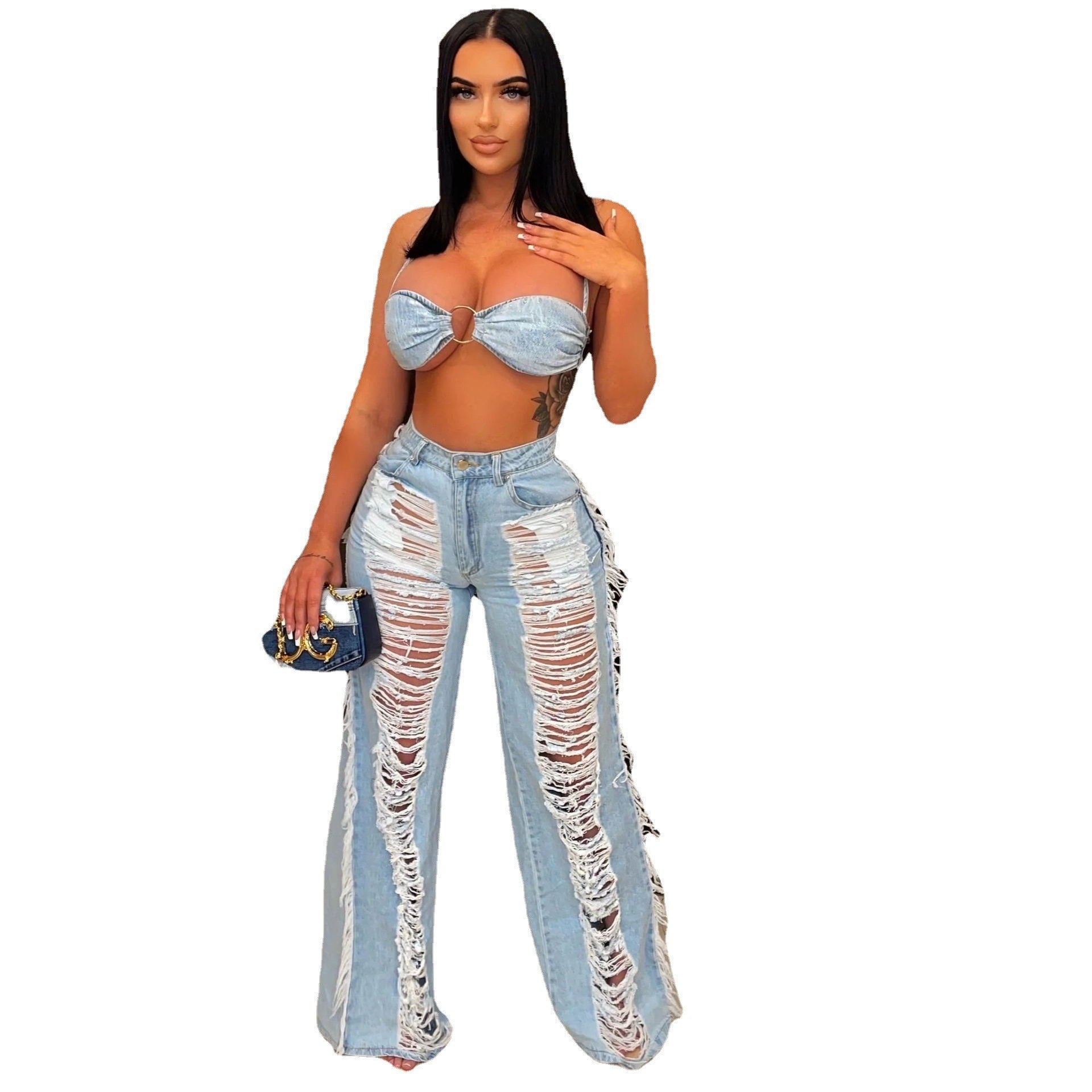 Lace Up Ring Bra Top Hollow Out Hole Tassel Jeans