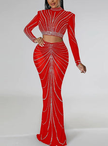 Red Floor Length Crystal Sheer Skirt and Long Sleeve Top 