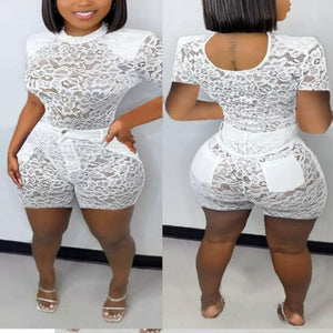 Lovely Lace Short Sleeve Backless Bodysuit and Pant Matching Sets