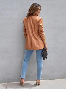 Faux Leather Button Up Long Sleeve Blazer