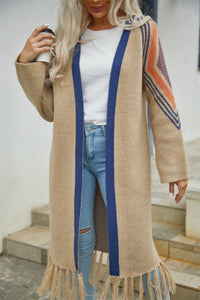 Double Take Geometric Fringe Hem Open Front Duster Cardigan