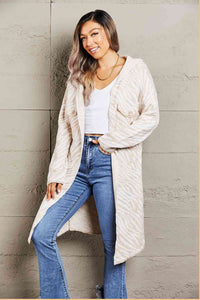 Double Take Printed Open Front Hooded Longline Cardigan