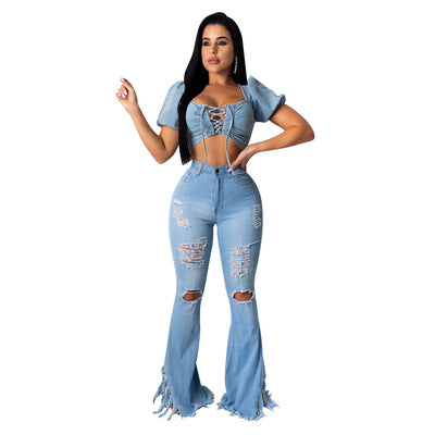Ripped Fringed Flared Washed Women Jeans