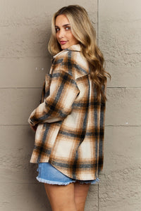 Zenana By The Fireplace Oversized Plaid Shacket in Camel