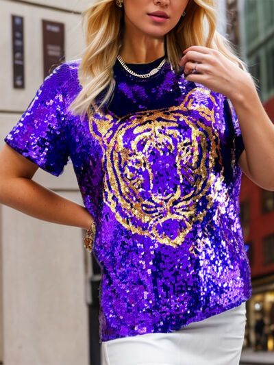 Tiger Sequin Round Neck Short Sleeve T-Shirt