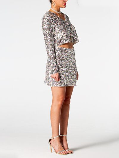 Sequin V-Neck Top and Mini Skirt Set