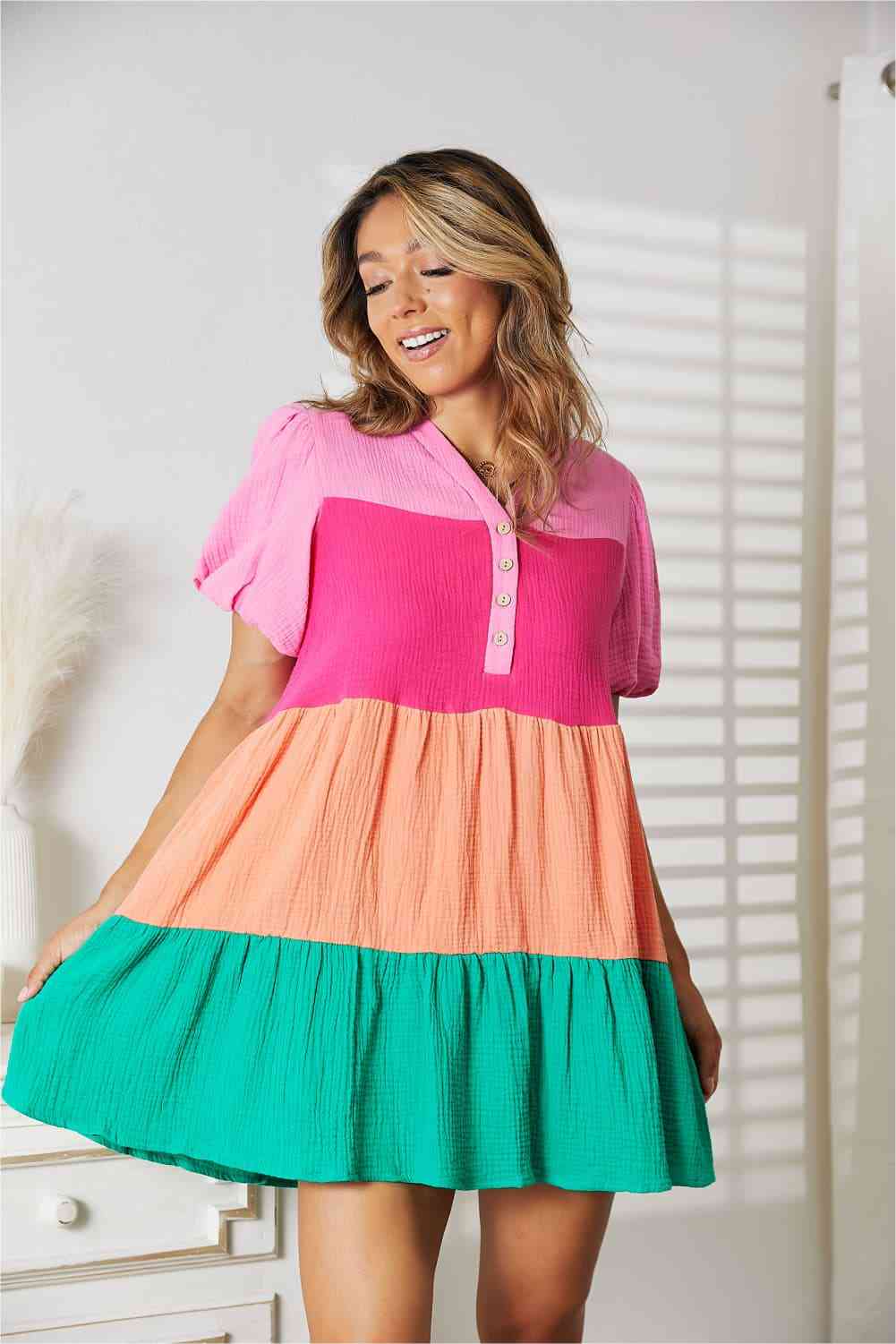 Double Take Color Block Buttoned Puff Sleeve Dress