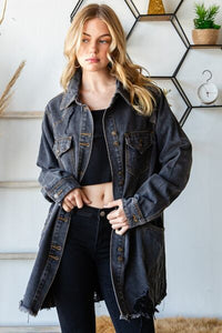 Veveret Button Up Distressed Frayed Hem Denim Jacket