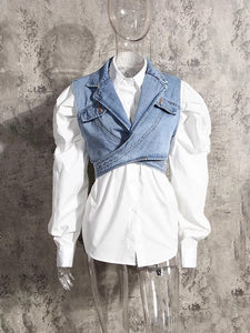 Denim Vest and White Cotton Shirt Two Pieces Single Breasted Top