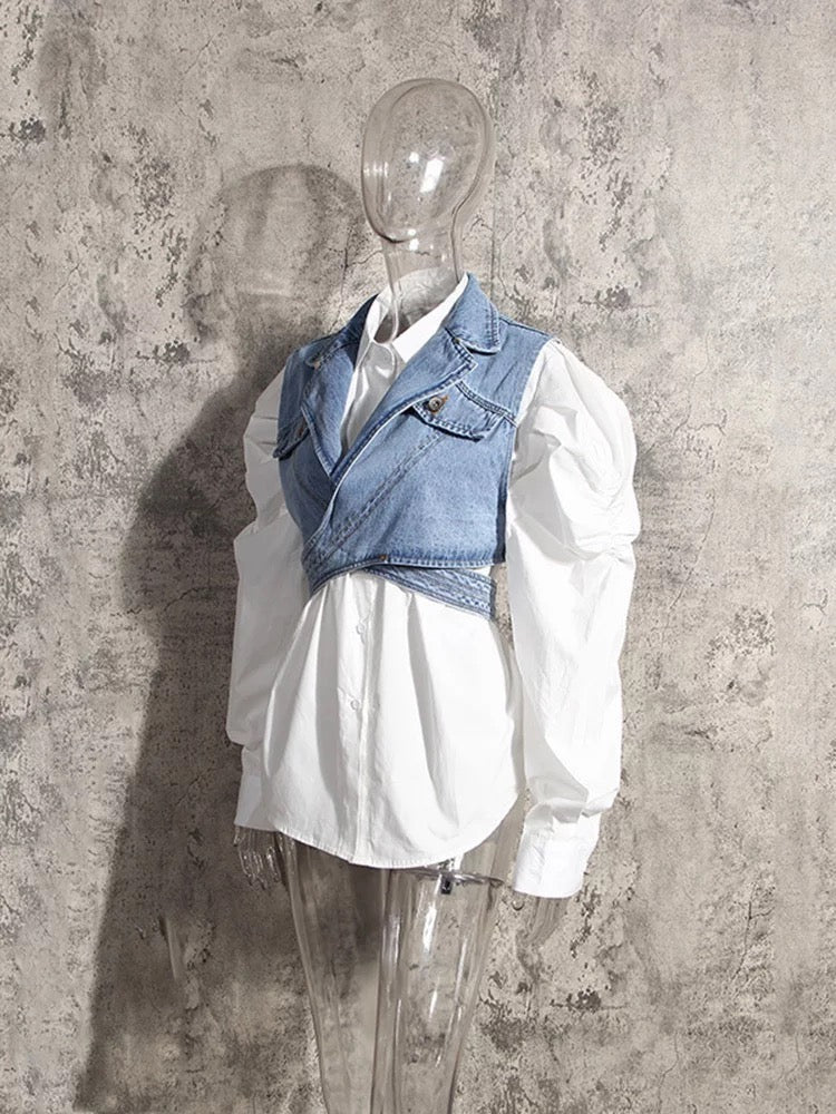 Denim Vest and White Cotton Shirt Two Pieces Single Breasted Top