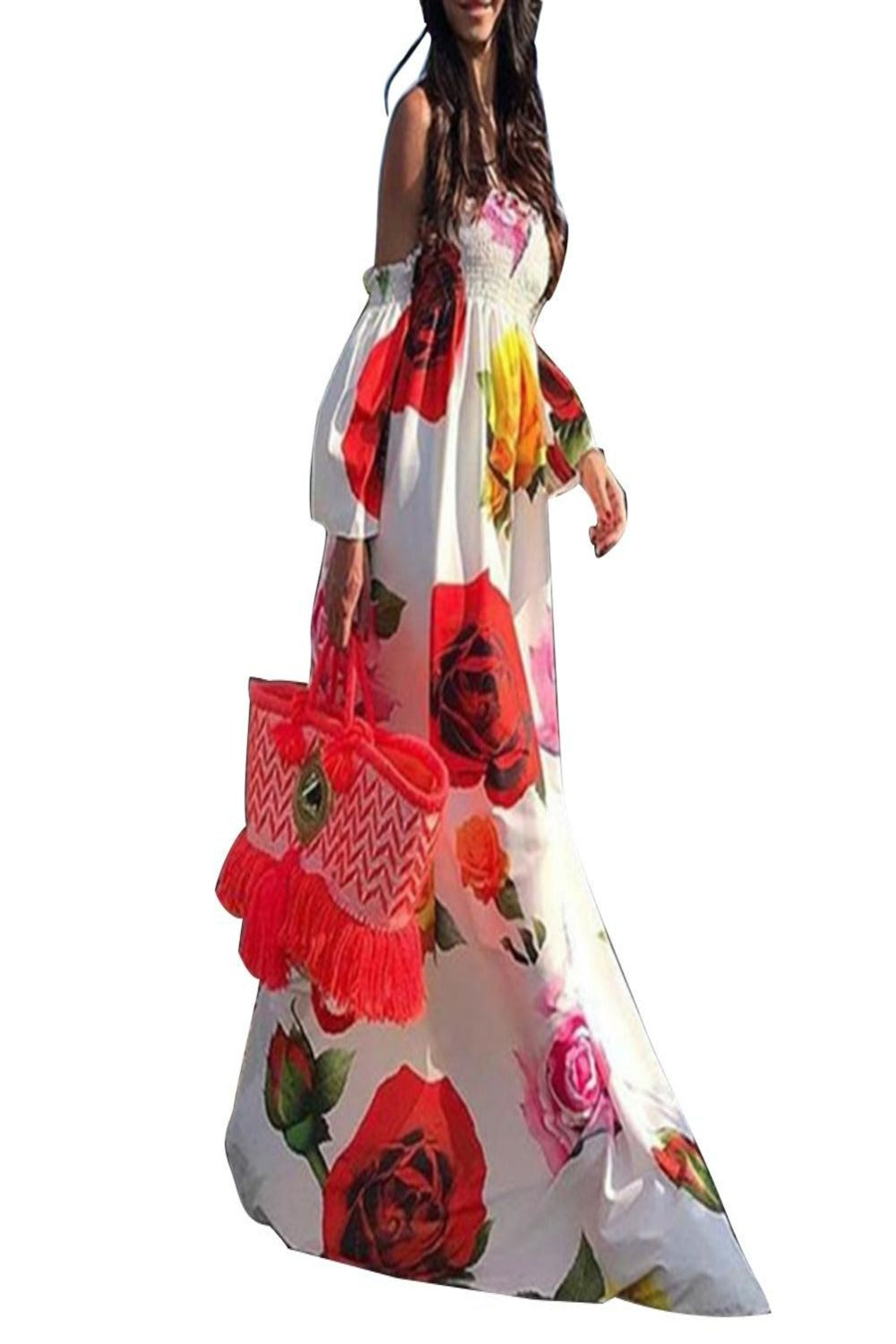 Boho Off Shoulder Backless Flare Sleeve Floral Print Maxi Dress