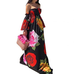 Boho Off Shoulder Backless Flare Sleeve Floral Print Maxi Dress