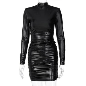Dulzura Pu Leather Mini Dress Ruched Turtleneck Long Sleeve