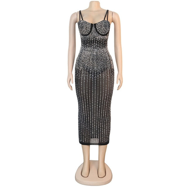 Sequin Glitter Crystal Midi Sleeveless Strap Bodycon See Through Dress