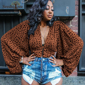 Batwing Sleeve Leopard Print Blouse Deep V Neck Women Casual Blouse Tops
