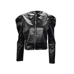 Ruched Long Sleeve Slim PU Leather Jackets