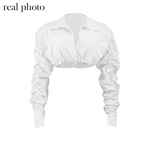 Serenity Button Ruched White Puff Sleeve Crop Blouse