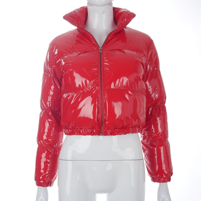 PU Leather Bubble Puffer Winter Warm Jacket