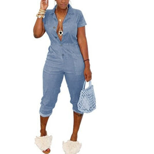 Short Sleeve Solid Regular Calf-length Jumpsuits with Pockets